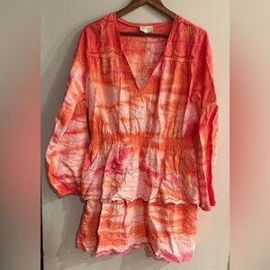 CIEBON Women’s Pink & Orange Tie Dye Embroidered Long Sleeve Tiered Dress NEW
